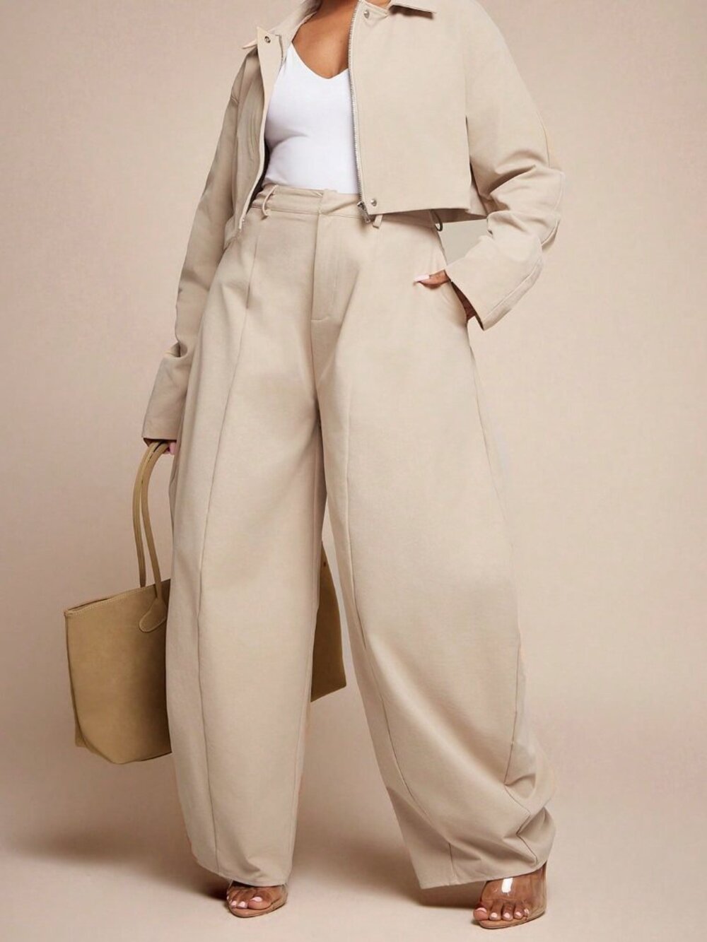 Apricot Elegant Women's Seam Detail High Waist Barrel Leg Office Pants - Picture 2 of 5
